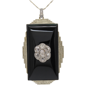 Rose Cut Diamond & Onyx Art Deco Necklace 18K Yellow Gold & Platinum Front