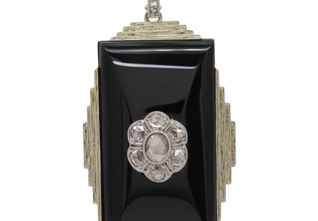 Rose Cut Diamond & Onyx Art Deco Necklace 18K Yellow Gold & Platinum Front