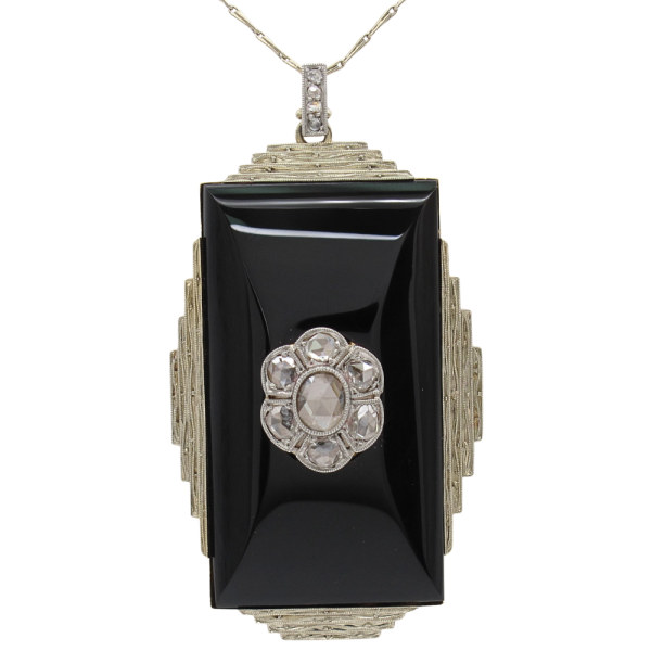 Rose Cut Diamond & Onyx Art Deco Necklace 18K Yellow Gold & Platinum Front