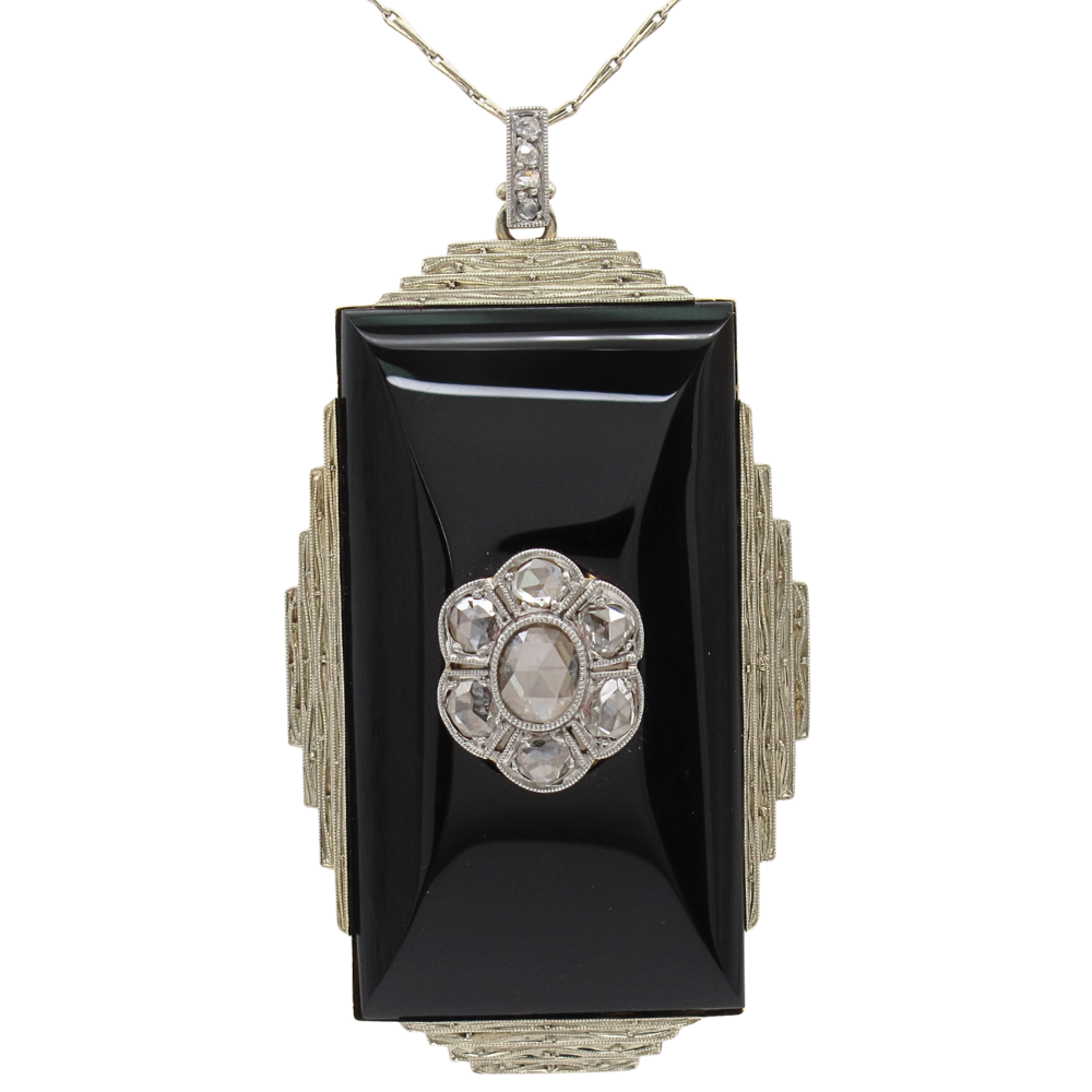 Rose Cut Diamond & Onyx Art Deco Necklace 18K Plat