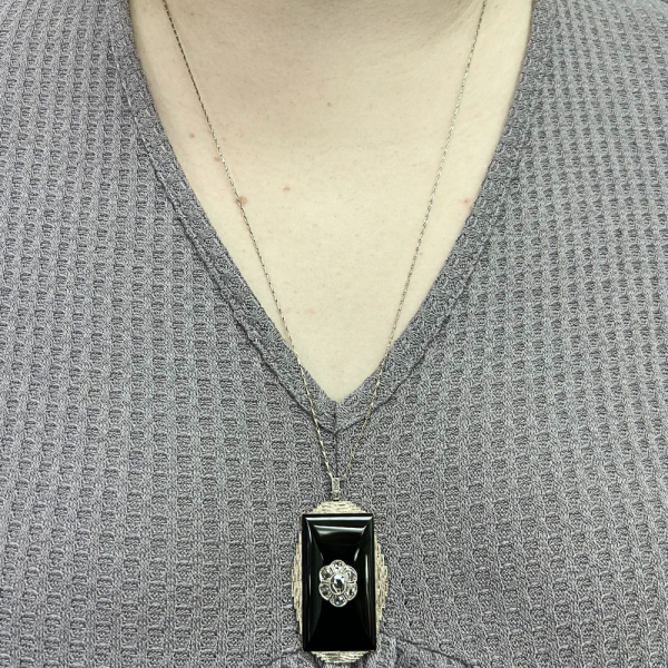 Rose Cut Diamond & Onyx Art Deco Necklace 18K Yellow Gold & Platinum Modeled