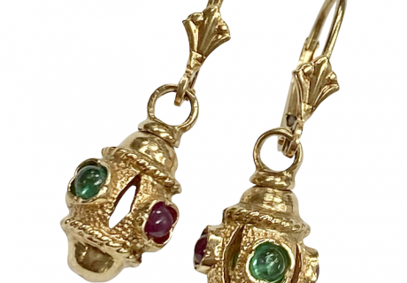 Ruby & Emerald Vintage Dangle Earrings 14K Gold