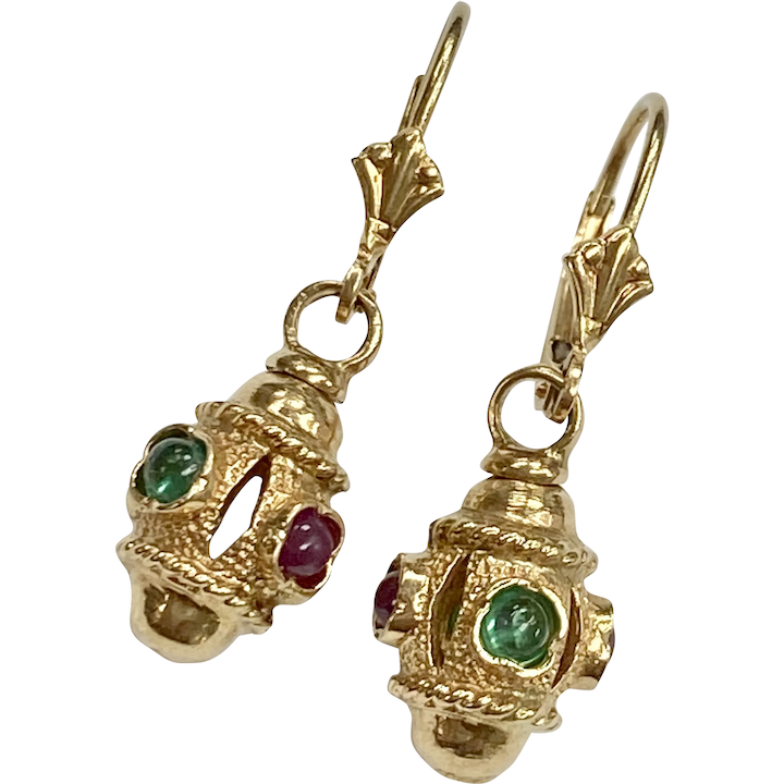 Ruby & Emerald Vintage Dangle Earrings 14K Gold