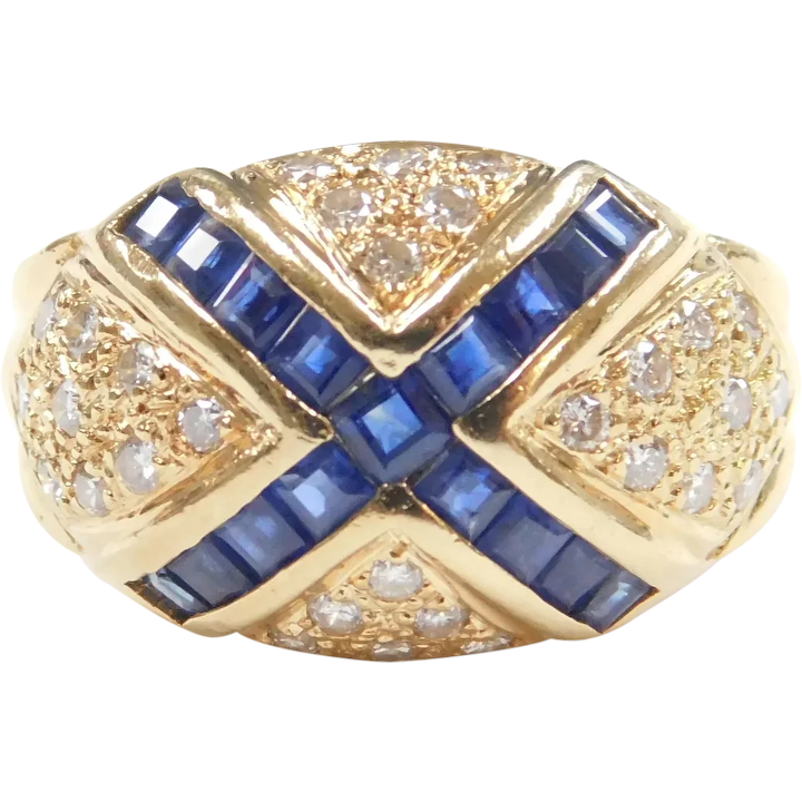 Sapphire and Diamond 1.10 ctw Domed X Ring 18k Gold
