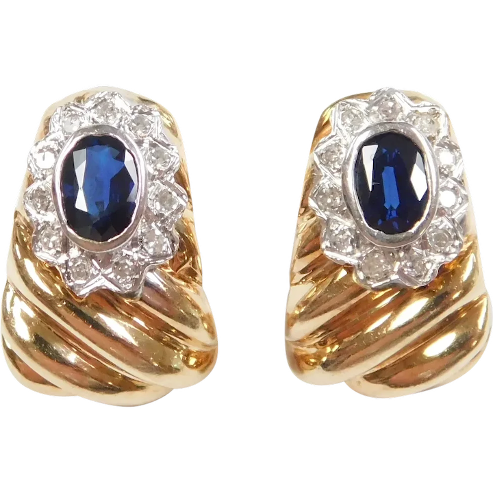 Sapphire and Diamond .84 ctw Halo Earrings 14k Gold Two-Tone
