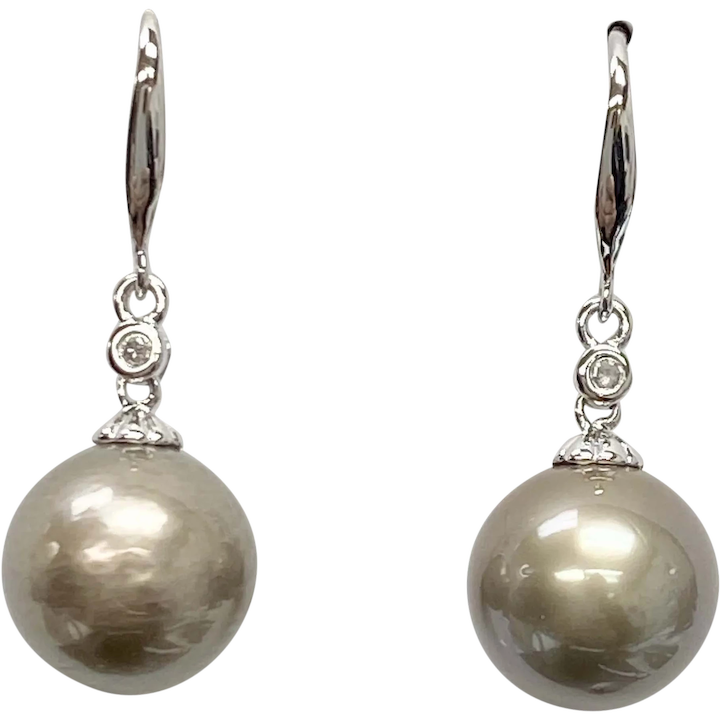 South Seas Cultured Pearl & Diamond Dangle Earrings 14K White Gold