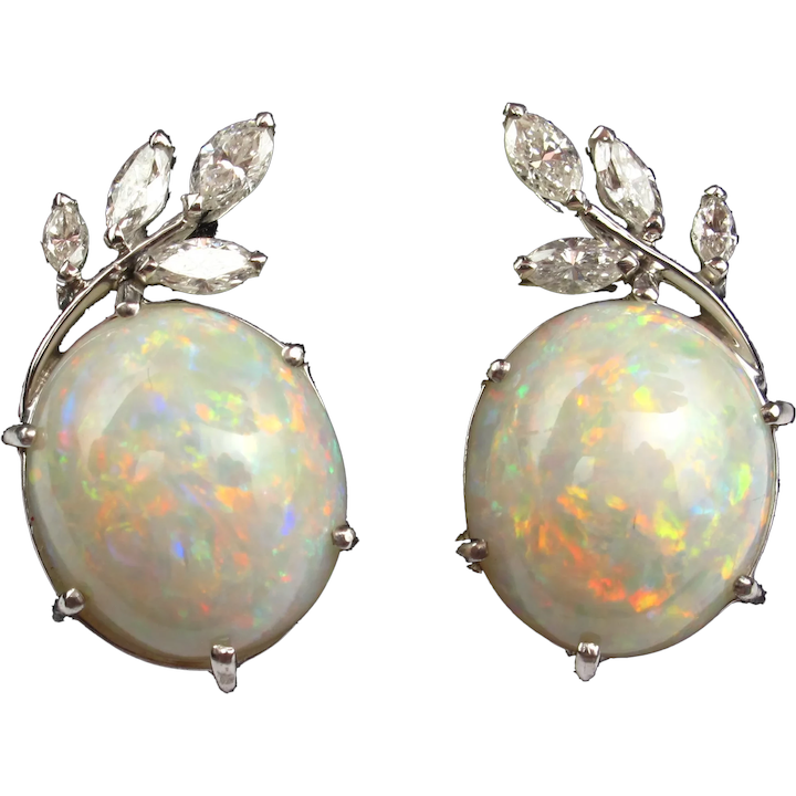 Natural Australian Fire Opal & Diamond Earrings