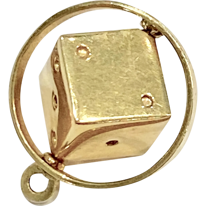 Spinning Dice / Die Charm 18K Gold Three-Dimensional, Moving / Mechanical