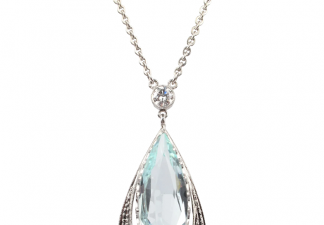 Stunning 5.69ct Pear Cut Aquamarine Art Deco 14k White Gold 25″ Long Necklace with Diamond Accents