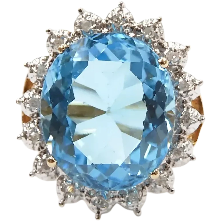 Swiss Blue Topaz and Diamond 9.24 ctw Halo Ring 14k Yellow and White Gold Two-Tone