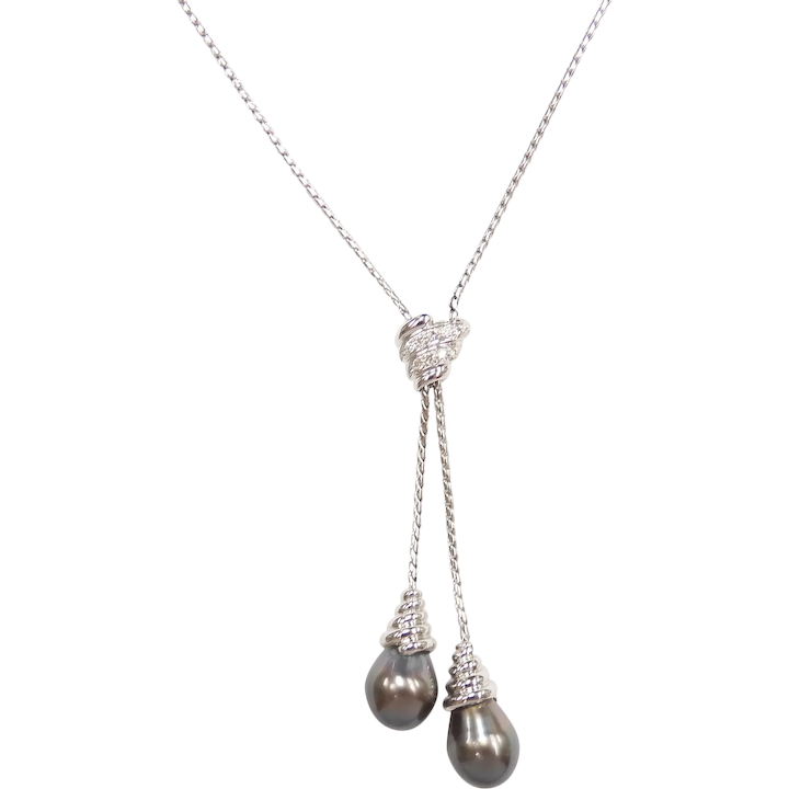 Tahitian South Seas Pearl and Diamond .09 ctw Lariat Necklace 14k White Gold