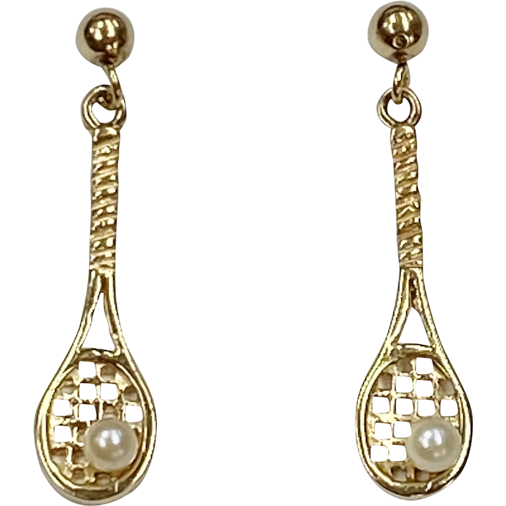 Tennis Racket Vintage Dangle Earrings Cultured Pearl
