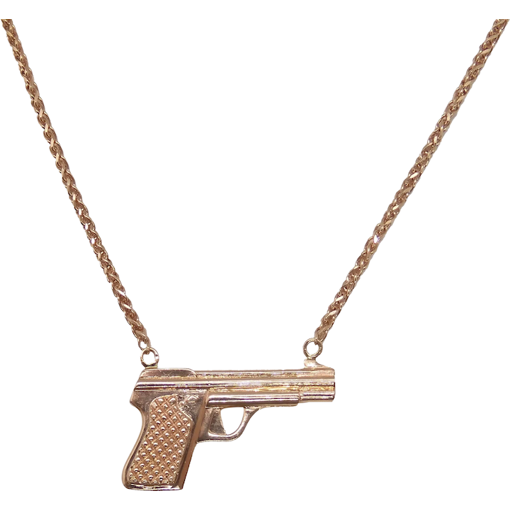 Textured Pistol Hand Gun Pendant On Wheat Chain Necklace 14k Rose Gold 16 3/4″