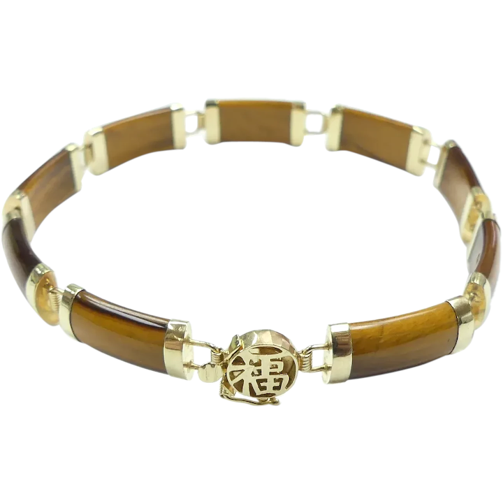 Tiger’s Eye Bar Bracelet with Good Luck Kanji Clasp 14K Yellow Gold