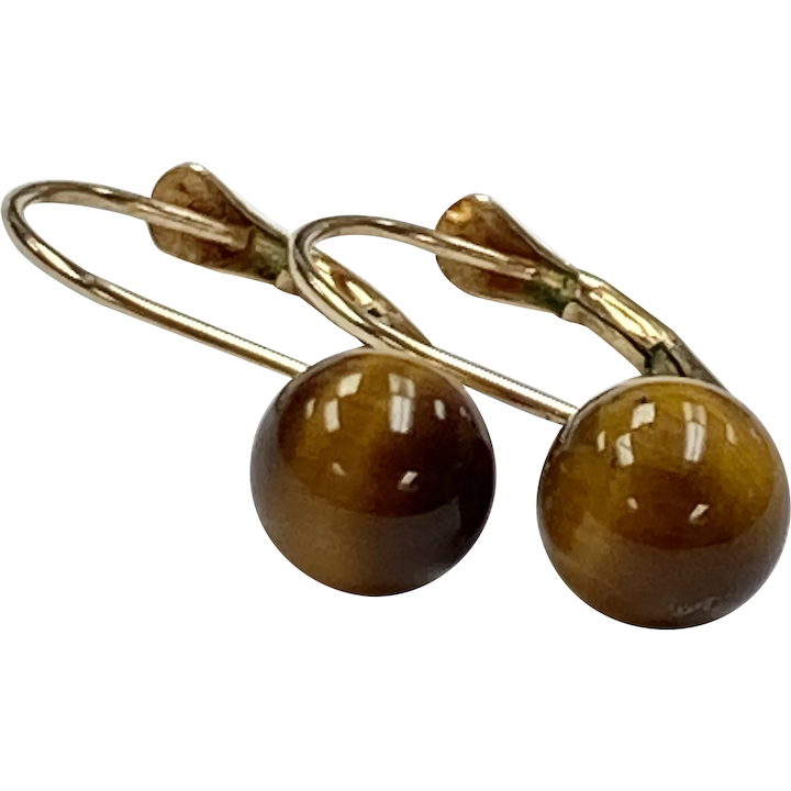 Vintage Tiger’s Eye Bead Ball Drop Earrings 14K Gold