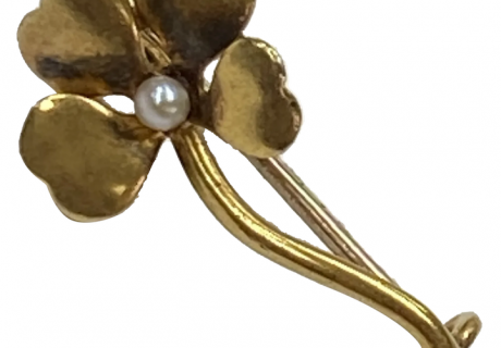 Tiny Four Leaf Clover Victorian Scatter Pin 14K Gold and Seed Pearl