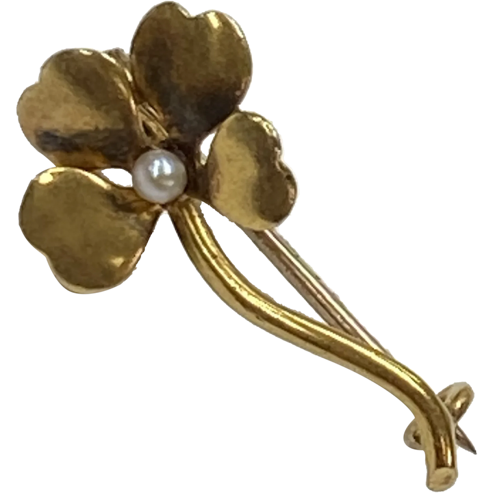 Tiny Four Leaf Clover Victorian Scatter Pin 14K Gold and Seed Pearl