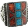 Turquoise and Coral Silver Inlay Ring