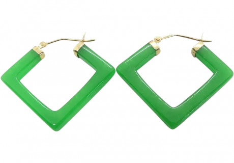 Vibrant & Bold Green Apple Jade Geometric Hoop Earrings 14K Yellow Gold