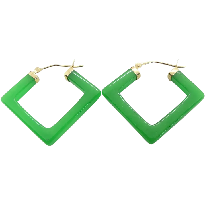 Vibrant & Bold Green Apple Jade Geometric Hoop Earrings 14K Yellow Gold