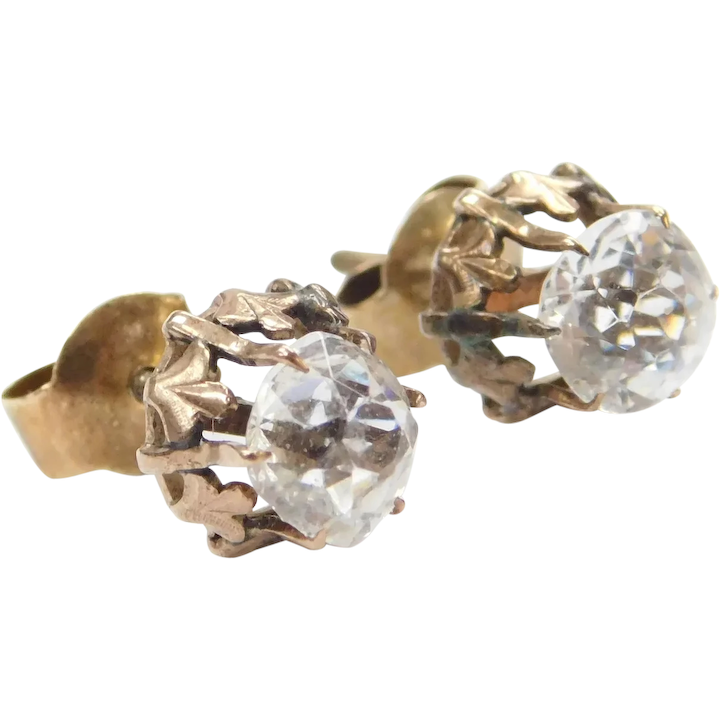 Victorian 14k Gold 1.86 ctw Old Mine Cut Faux Diamond Stud Earrings with Threaded Post