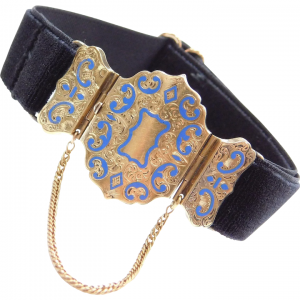 Victorian 14k Gold Black Velvet Bracelet Blue Enamel Accent