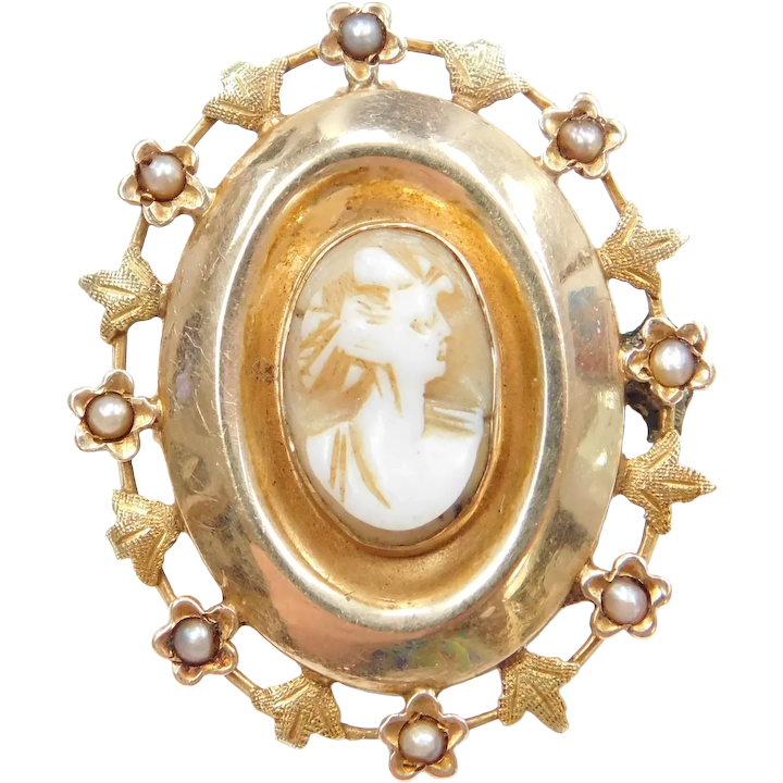 Victorian 14k Gold Cameo with Floral Halo