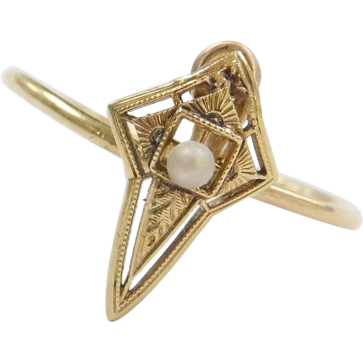 Victorian 14k Gold Etched Pointed Seed Pearl Ring Converted Stick Pin