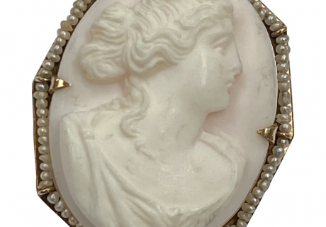 Victorian Cameo Pendant Brooch 10K Rose Gold and Seed Pearl