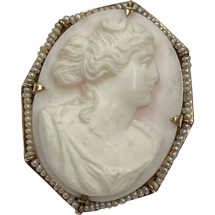 Victorian Cameo Pendant Brooch 10K Rose Gold and Seed Pearl