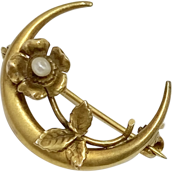 Victorian Crescent Moon & Flower Pin / Brooch 10K Gold & Seed Pearl