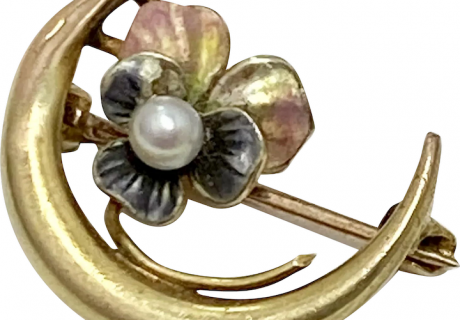 Victorian Crescent Moon & Pansy Pin 10K Gold