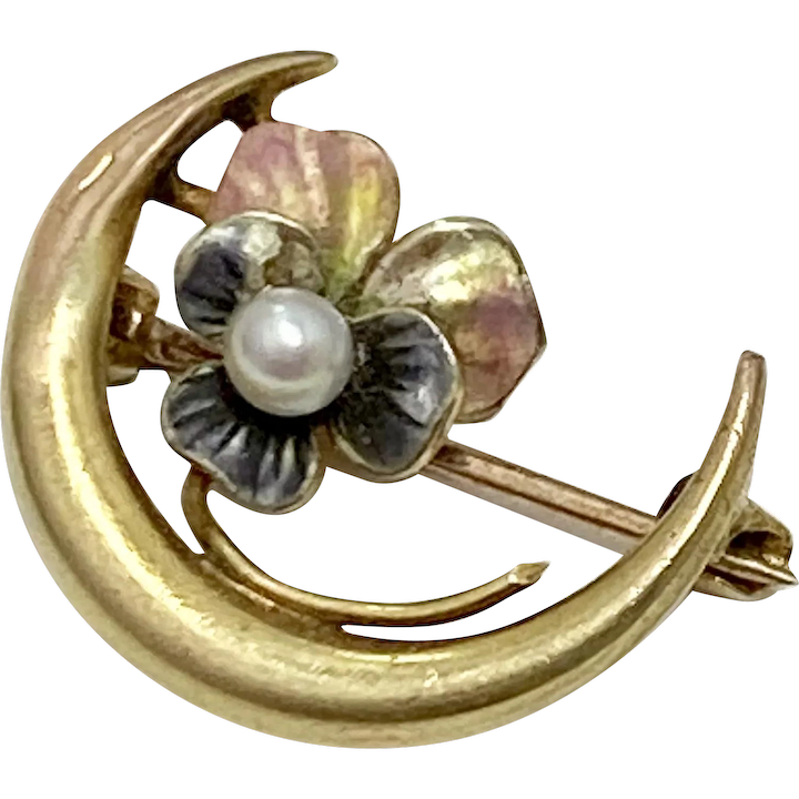 Victorian Crescent Moon & Pansy Pin 10K Gold, Seed Pearl & Enamel