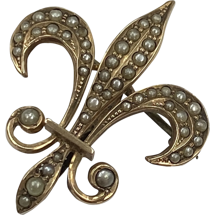 Victorian Era Fleur De Lis Pin/Brooch 14K Gold and Seed Pearl