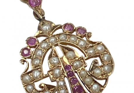Victorian Era Jeweled Pendant 14K Gold Ruby and Seed Pearl