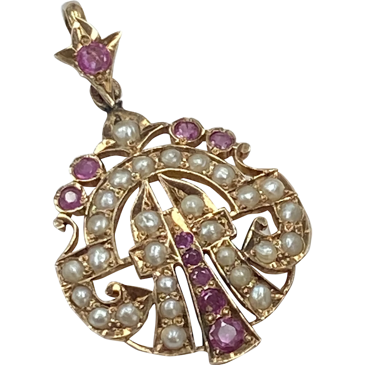 Victorian Era Jeweled Pendant 14K Gold Ruby and Seed Pearl