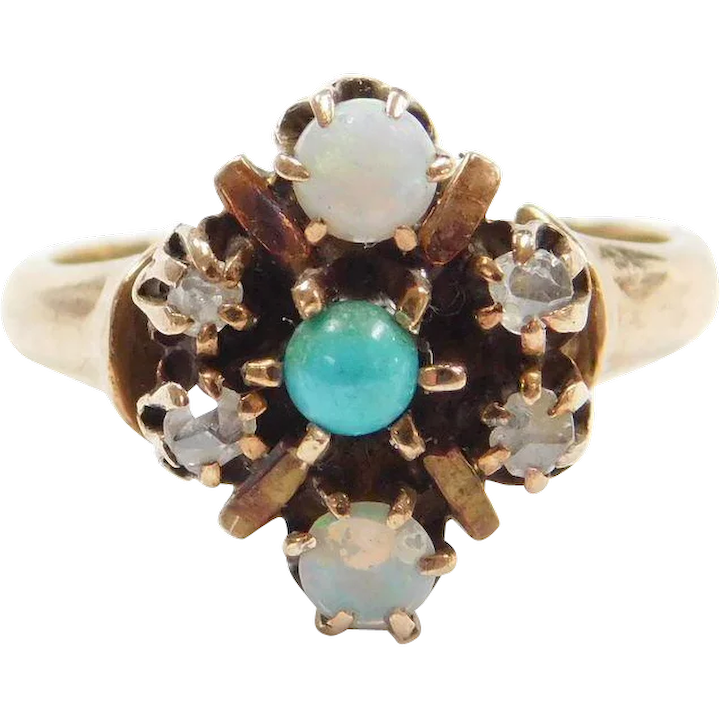 Victorian Era Ring Opal Diamond & Persian Turquoise 10k Gold