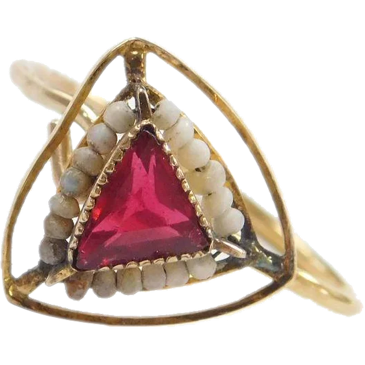 Victorian Faux Ruby & Seed Pearl Ring 10K Gold Converted Stick Pin