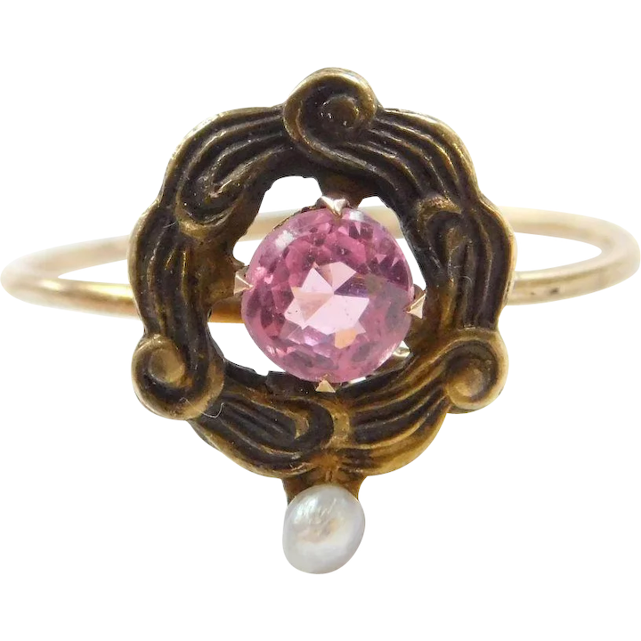 Victorian Faux Tourmaline & Seed Pearl Ring 10K Gold ~ Converted Stick Pin