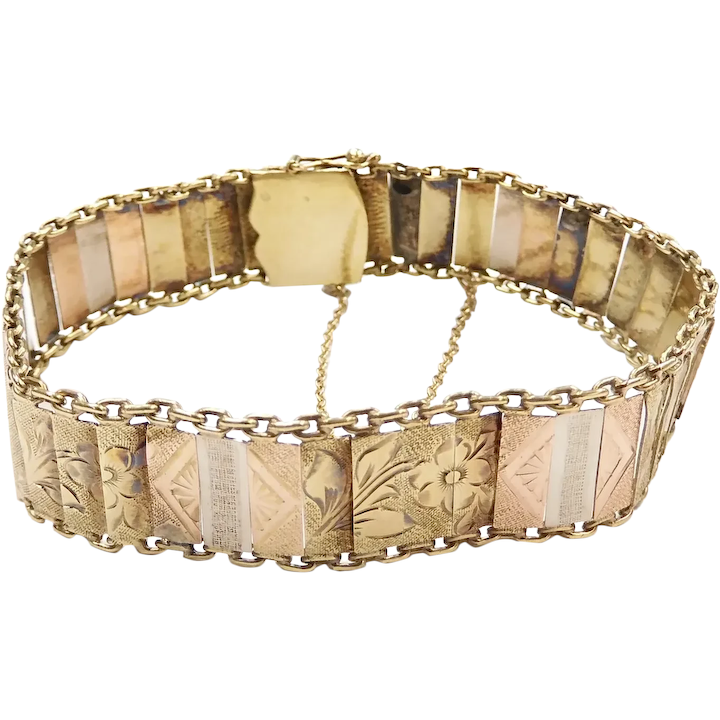 Victorian Hand Engraved Floral Panel Bracelet 14k Yellow and Rose Gold and Silver
