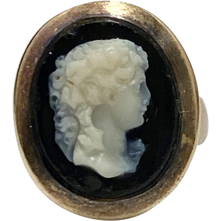 Victorian Hard Stone / Agate Cameo Ring 10 & 14K Gold