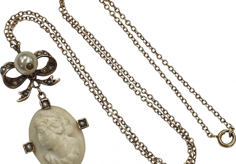 Victorian Lavaliere Necklace Cameo and Seed Pearl 10K Gold