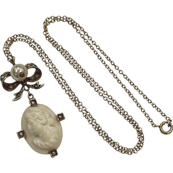 Victorian Lavaliere Necklace Cameo and Seed Pearl 10K Gold
