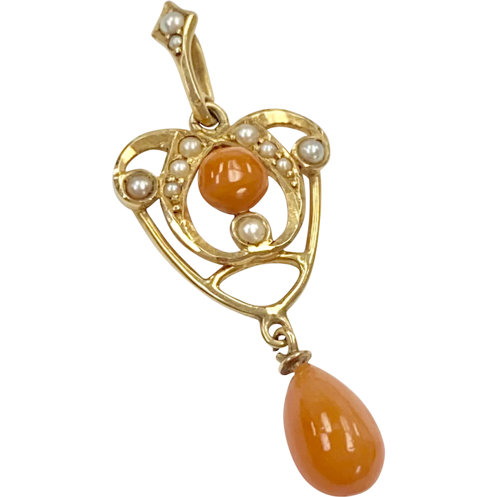 Victorian Lavaliere Pendant 14K Gold Coral & Seed Pearl