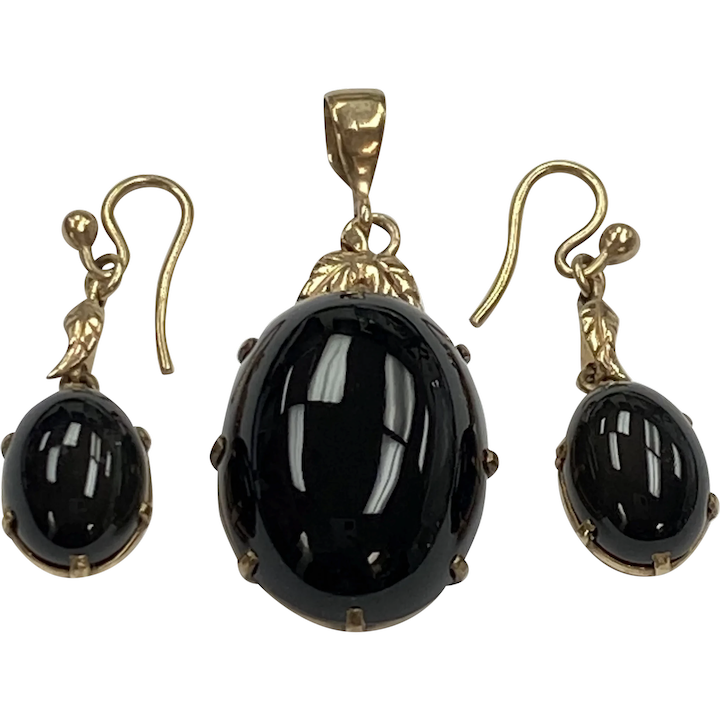 Victorian Mourning Era Pendant & Earring Set 10K Gold and Onyx