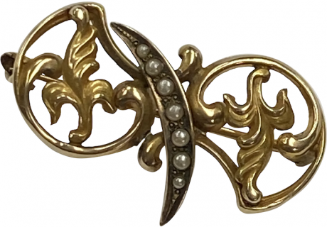 Victorian Ornate Brooch 14K Gold with Seed Pearl Crescent Moon