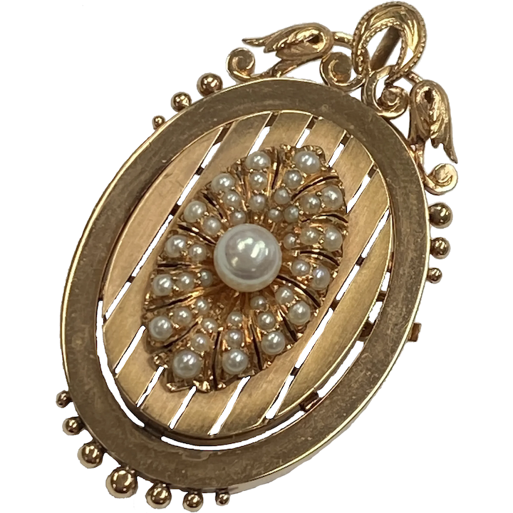Victorian Pearl Oval Pendant Brooch 14K Rose Gold