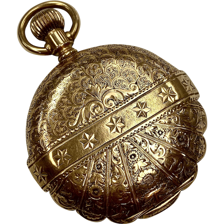 Victorian Pocket Watch Ornate Scalloped Case 14K Gold David Mayer Hartford CT