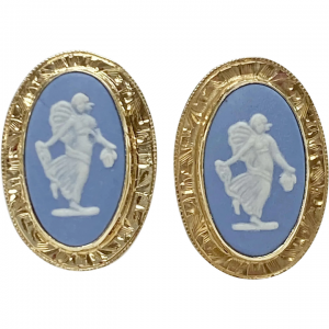 Victorian Revival Blue Wedgwood Cameo Screw-Back Earrings 14K Gold