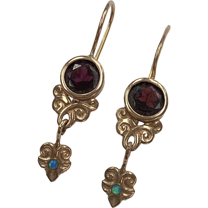 Victorian Revival Dangle Earrings Garnet and Opal 14K Rose Gold